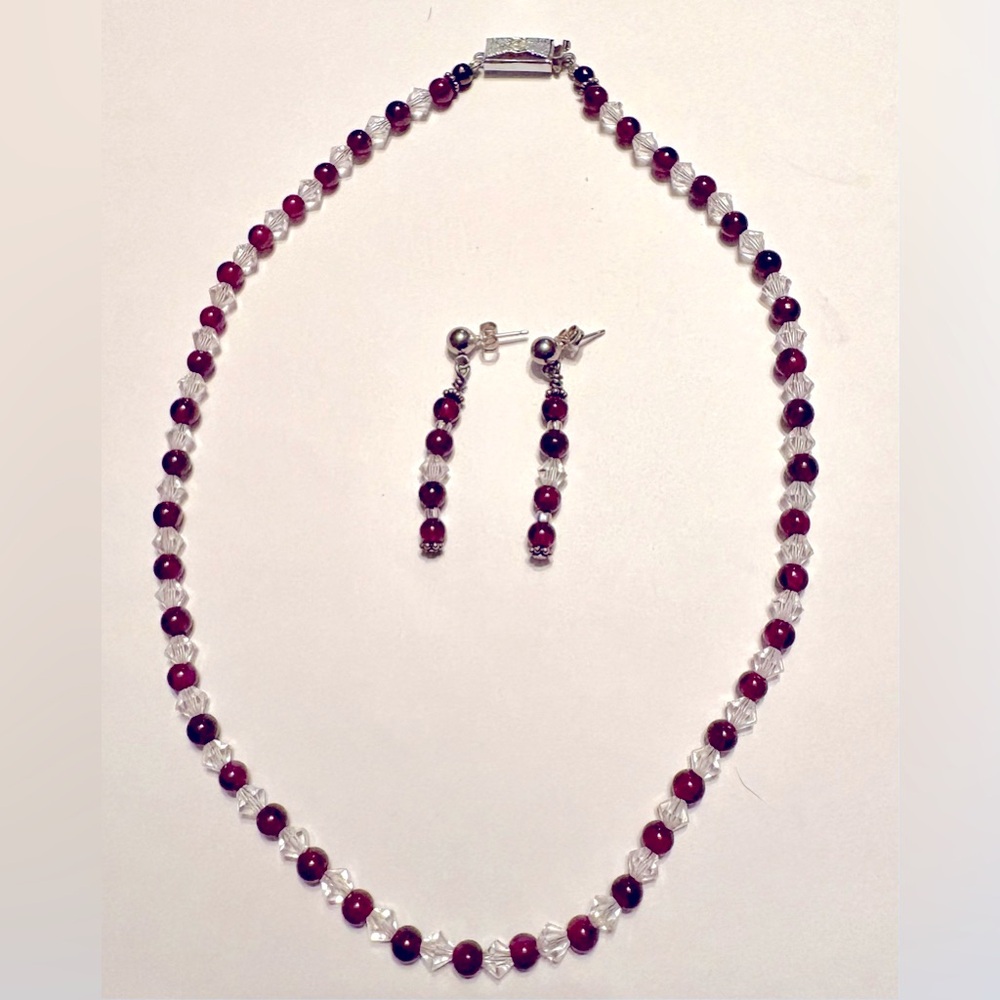 Elegant Garnet Red and White Swarovski Crystal Beads Necklace and Earring Set